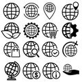 Globe vector line icons set. World map, global business, international communication.