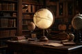 A globe in a vintage study, surrounded by antique books, library, bookshelfs, wallpaper background