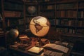 A globe in a vintage study, surrounded by antique books, library, maps, and scholarly artifacts