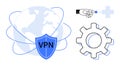 Cybersecurity Symbol with VPN Shield, Global Network, Gear Setting, and User Interaction Concept Royalty Free Stock Photo