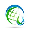 Globe Water drop logo concept of water drop with world save earth wellness symbol icon nature drops elements vector design