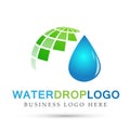 Globe water drop logo save water plant spring nature symbol global nature elements design on white background