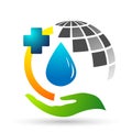 Globe Water drop medical logo concept of water drop with world save earth wellness symbol icon hand drops elements vector design Royalty Free Stock Photo