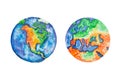 Globe. Watercolor illustration of planet Earth North America and Europe mainlands and continents. Royalty Free Stock Photo