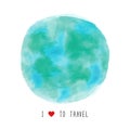 Globe watercolor painted with I love to travel text Royalty Free Stock Photo