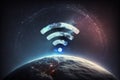 Globe with wi-fi sign signal arcs. Wireless access point to global network concept. Generative AI Royalty Free Stock Photo