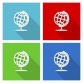 Globe, world, global, map, earth icon set, flat design vector illustration in eps 10 for webdesign and mobile applications in four Royalty Free Stock Photo