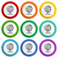 Globe, world, global, map, earth vector icons, set of colorful flat design buttons for webdesign and mobile applications Royalty Free Stock Photo