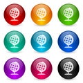 Globe, world, global, map, earth vector icons, set of colorful glossy 3d rendering ball buttons in 9 color options Royalty Free Stock Photo