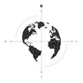 Globe world map compass arrow nautical travel. America, Europe,