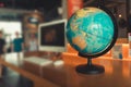 Globe world map and computer on desktop, Around the world travel Royalty Free Stock Photo