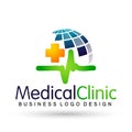 Globe world Medical health heart beat family care clinic people healthy life care logo design icon on white background Royalty Free Stock Photo