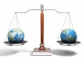 Globes on balance scale