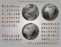 Map markers with flags Europe, Africa and Western Asia and globe