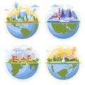 Globes with landscapes vector flat illustration. Nuclear factory, wind turbines, seaside, city construction.