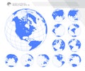Globes showing earth with all continents. Digital world globe vector. Dotted world map vector. Royalty Free Stock Photo