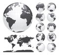 Globes showing earth with all continents. Digital world globe vector. Dotted world map vector.