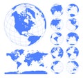 Globes showing earth with all continents. Digital world globe vector. Dotted world map vector.