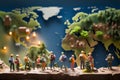 Globetrotting scene Miniature figures walking, exploring on a world map Royalty Free Stock Photo