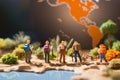 Globetrotting scene Miniature figures walking, exploring on a world map Royalty Free Stock Photo