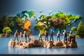 Globetrotting scene Miniature figures walking, exploring on a world map Royalty Free Stock Photo