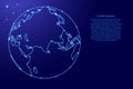 Globus planet earth with the continents of Eurasia, Africa and Australia from the contours network blue, luminous space stars for