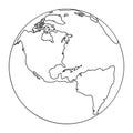Globus planet earth with the continents of North and South Latin America from black contour curves lines on white background.
