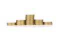 glod coin stack. town. pile. isolated on white background Royalty Free Stock Photo