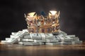 Gloden crown on a stack of hundreds of dollars. Business, investment financial concept