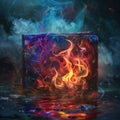 In the gloom, a wallet ignites, colorful digital flames reflecting a troubled journey