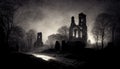 Old photo with creepy cemetery and abandoned church ruins. Mystic gloomy scene.