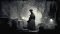 Gloomy dark, mystic, spooky landscape, old Victorian photo style. Ghosts in abandoned church ruins