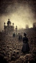 Gloomy dark, mystic, spooky landscape, old Victorian photo style. Ghosts in abandoned church ruins Royalty Free Stock Photo