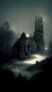 Old photo with creepy cemetery and abandoned church ruins. Mystic gloomy scene. 3D illustration Royalty Free Stock Photo