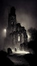 Old photo with creepy cemetery and abandoned church ruins. Mystic gloomy scene. 3D illustration Royalty Free Stock Photo