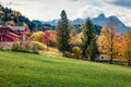 Gloomy autumn view of Brauhof village. Amazing morning scene of Austrian Alps, Styria stare of Austria, Europe. Beauty of