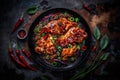 On a gloomy background, Korean chicken is topped with red oil and chili peppers