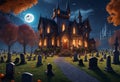 Gloomy castle at Halloween night. Generative AI