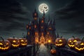 Gloomy castle with smiling pumpkins at Halloween night. Generative AI