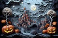 Gloomy castle with smiling pumpkins at Halloween night. Generative AI