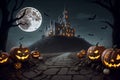 Gloomy castle with smiling pumpkins at Halloween night. Generative AI