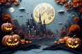 Gloomy castle with smiling pumpkins at Halloween night. Generative AI