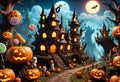 Gloomy castle with smiling pumpkins at Halloween night. Generative AI