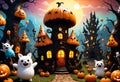 Gloomy castle with smiling pumpkins at Halloween night. Generative AI