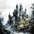 Gloomy castle in watercolor A haunting masterpiece Royalty Free Stock Photo
