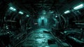 Gloomy dark corridor in futuristic spaceship, scary alien spacecraft interior like in scifi movie. Concept of future, space,