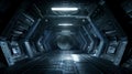 Gloomy dark corridor in futuristic spaceship, spacecraft interior with outside door like in scifi movie. Concept of future, space