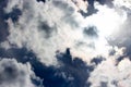 Gloomy dark dramatic sky white heaped clouds. Blue cloudscape backdrop, beautiful dramatic dark blue heaven skies