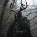 Gloomy Dark Man In Horned Gear: A Cinematic Still Of Nature-inspired Mythology