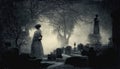 Gloomy dark, mystic, spooky landscape, old Victorian photo style. Ghosts in abandoned church ruins Royalty Free Stock Photo